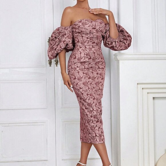 Dusty Pink Preppy Womens Off Shoulder Puff Sleeve Split Back Floral Jacqu… - Picture 5 of 5